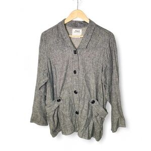 FLAX Black 100% Linen Jacket Tunic Womens Small Oversize Lagenlook Button Blazer